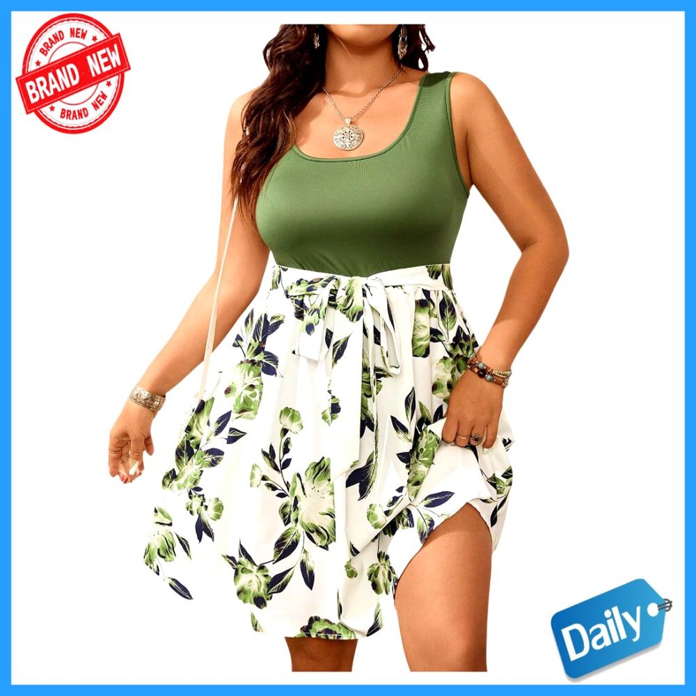 Plus Size Floral Tank Dress Sleeveless Square Neck A Line Belted Summer